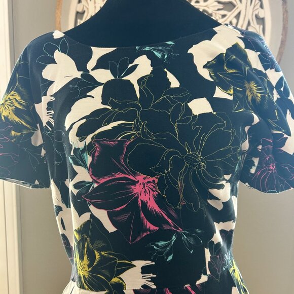 French Connection Floral Neon Midi Dress SZ6 Bodycon Short Sleeve Zip Back Chic - Picture 5 of 9